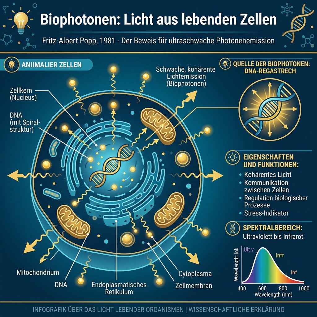 Biophotonen: Licht aus lebenden Zellen – wissenschaftliche Infografik