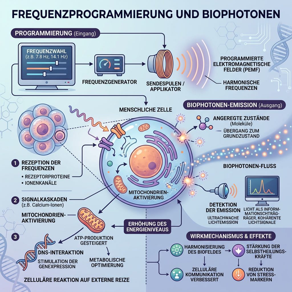 Balkendiagramm: Biophotonen-Emissionsrate bei gesunden, gestressten und erholten Zellen sowie unter kohärenten und inkohärenten externen Feldern