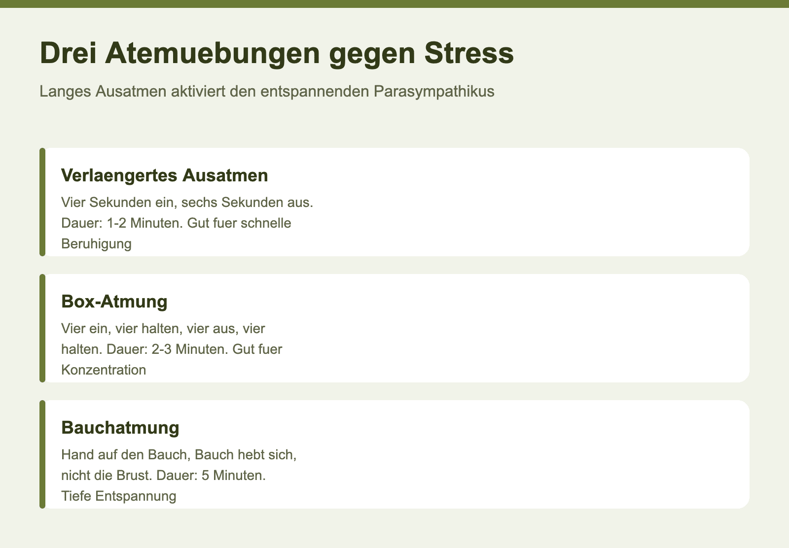 Infografik: Drei Atemuebungen gegen Stress - verlaengertes Ausatmen, Box-Atmung und Bauchatmung mit Anleitung, Dauer und Einsatzzweck.