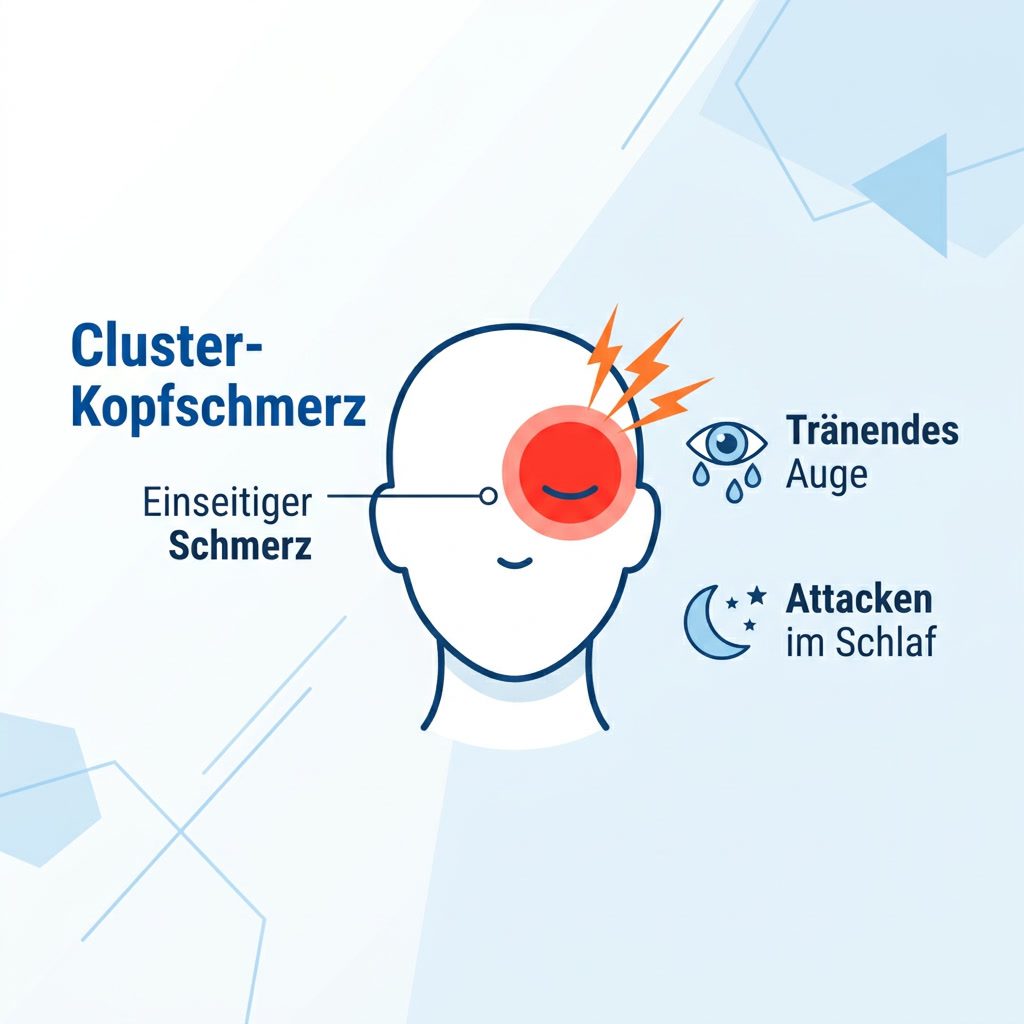Infografik: Cluster-Kopfschmerz mit einseitigem Schmerz, tränendem Auge und Attacken im Schlaf