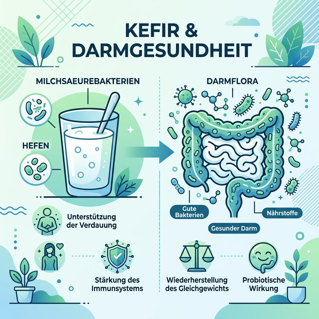 Infografik: Kefir und Darmgesundheit – Milchsäurebakterien, Hefen und Wirkung auf die Darmflora