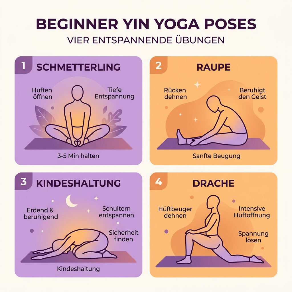 Infografik: Vier Yin-Yoga-Haltungen fuer Einsteiger - Schmetterling, Raupe, Kindeshaltung und Drache