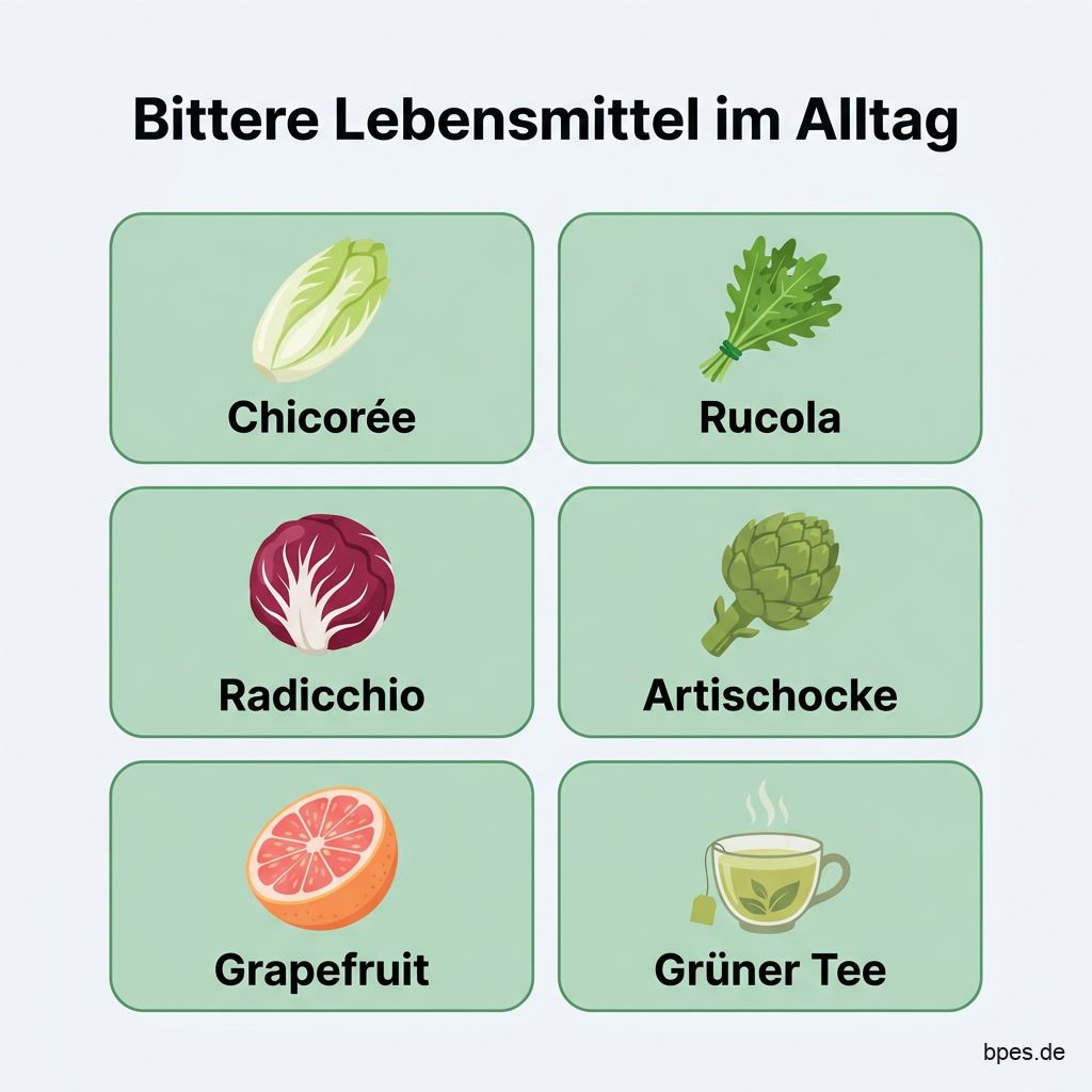 Infografik: Bittere Lebensmittel wie Chicorée, Rucola, Radicchio, Artischocke, Grapefruit und grüner Tee