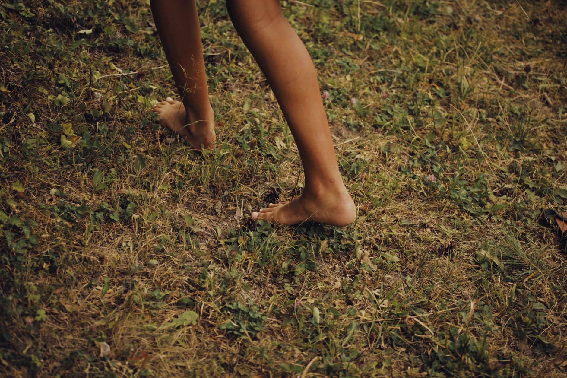 Close-up of bare feet walking on grassy ground, embodying a natural outdoor experience.