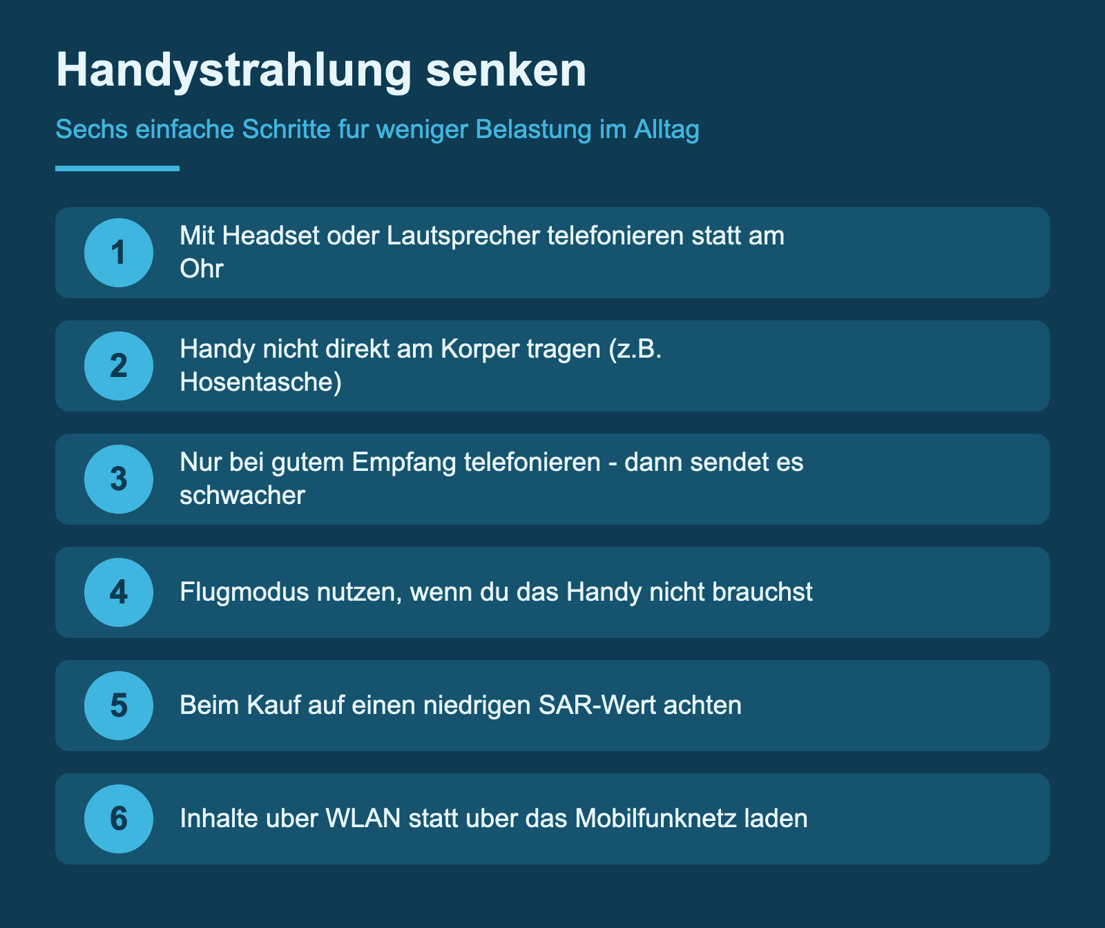 Infografik: Sechs Schritte zum Senken der Handystrahlung im Alltag