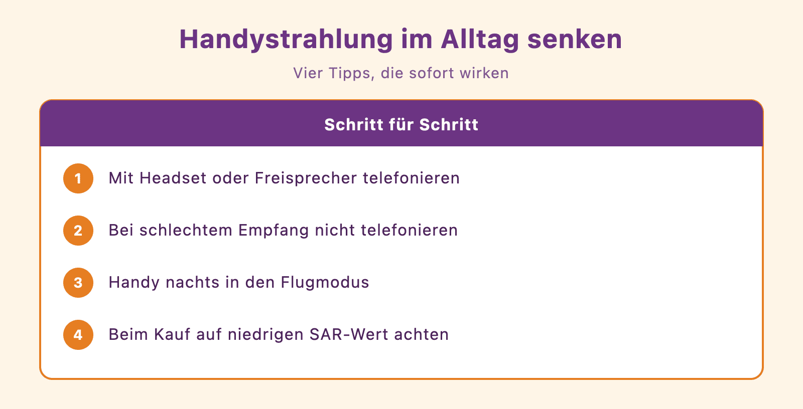 Infografik: Handystrahlung im Alltag in vier Schritten senken