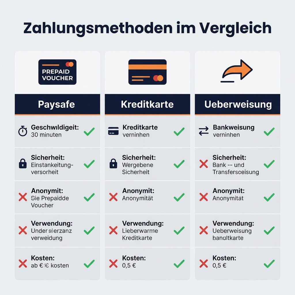Infografik: Paysafe, Kreditkarte und Überweisung im Vergleich